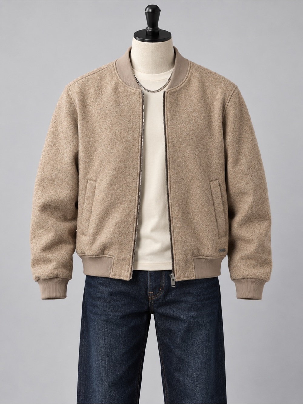 GUESS Men’s Wool Blend Zip Up Jacket Faux Shearling Lined Tan Large